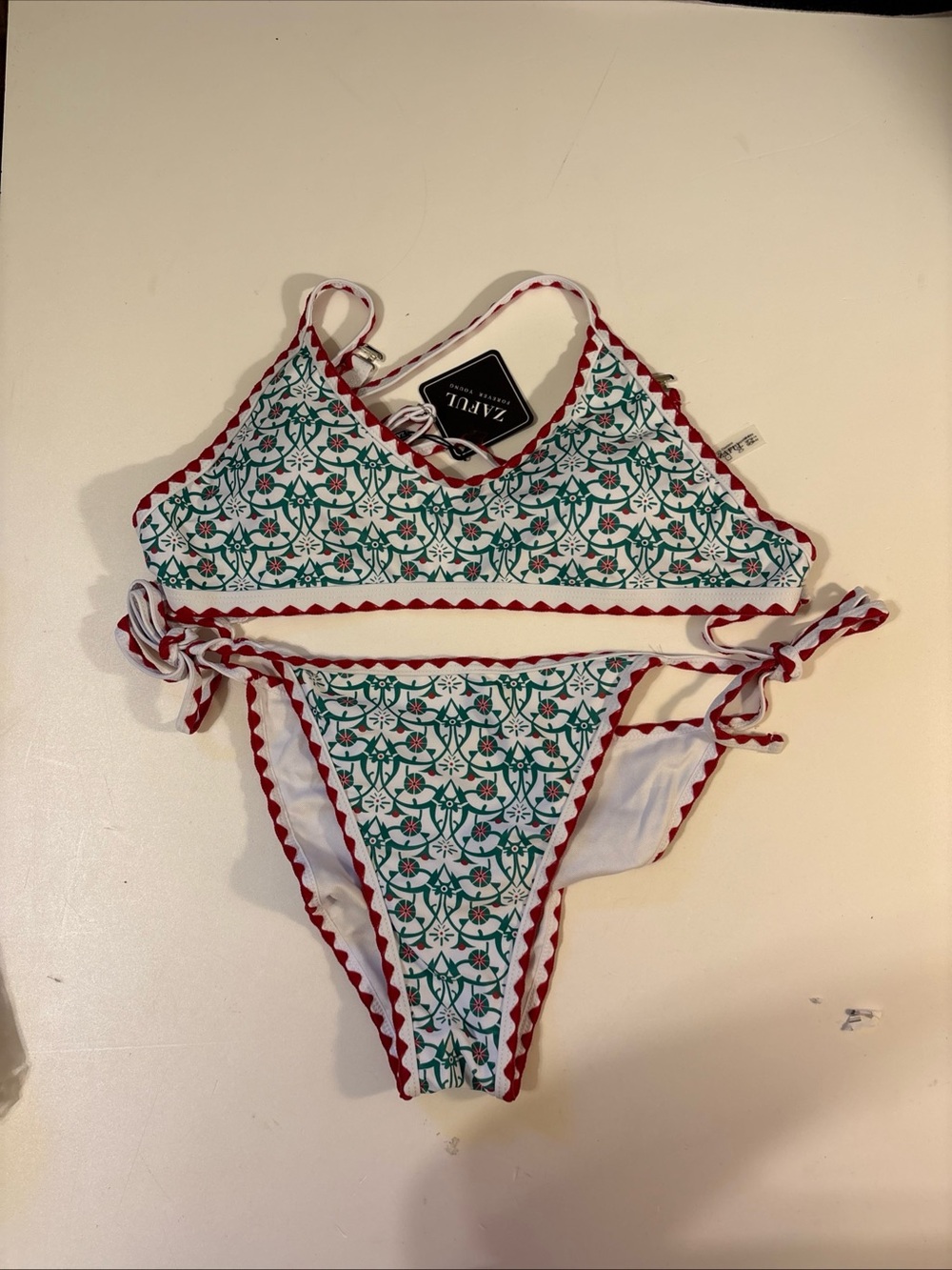 Zaful White Bikini with Green Floral Print and Red Trim